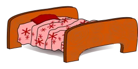 Cozy Wooden Bed with Pink Floral Pattern Bedspread Cartoon Clipart Illustration