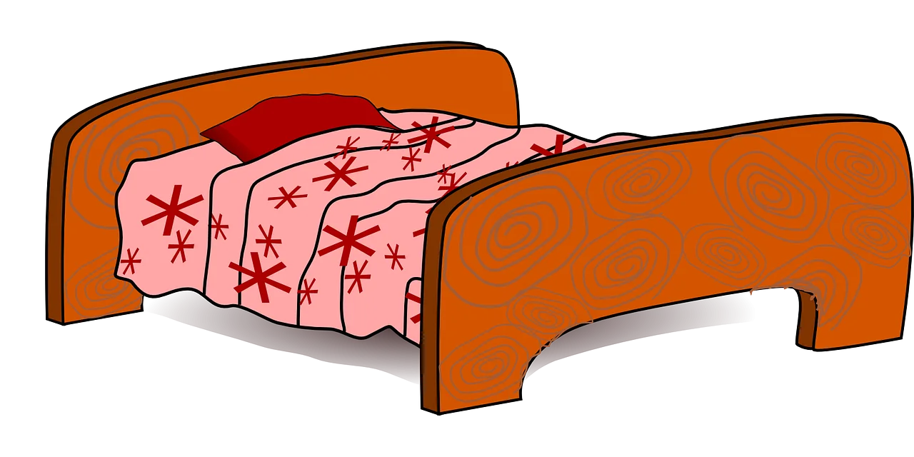 Cozy Wooden Bed with Pink Floral Pattern Bedspread Cartoon Clipart Illustration