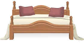 Elegant Wooden Four-Poster Bed with Soft Purple Pillows Bedroom Clipart Illustration
