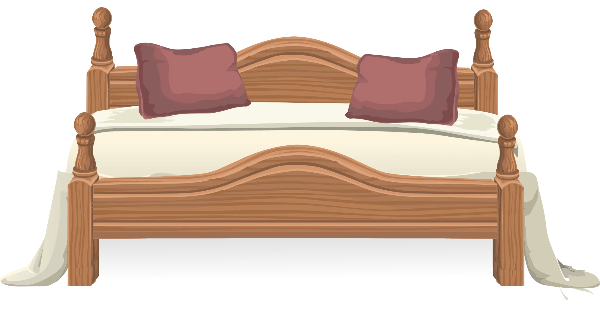 Elegant Wooden Four-Poster Bed with Soft Purple Pillows Bedroom Clipart Illustration