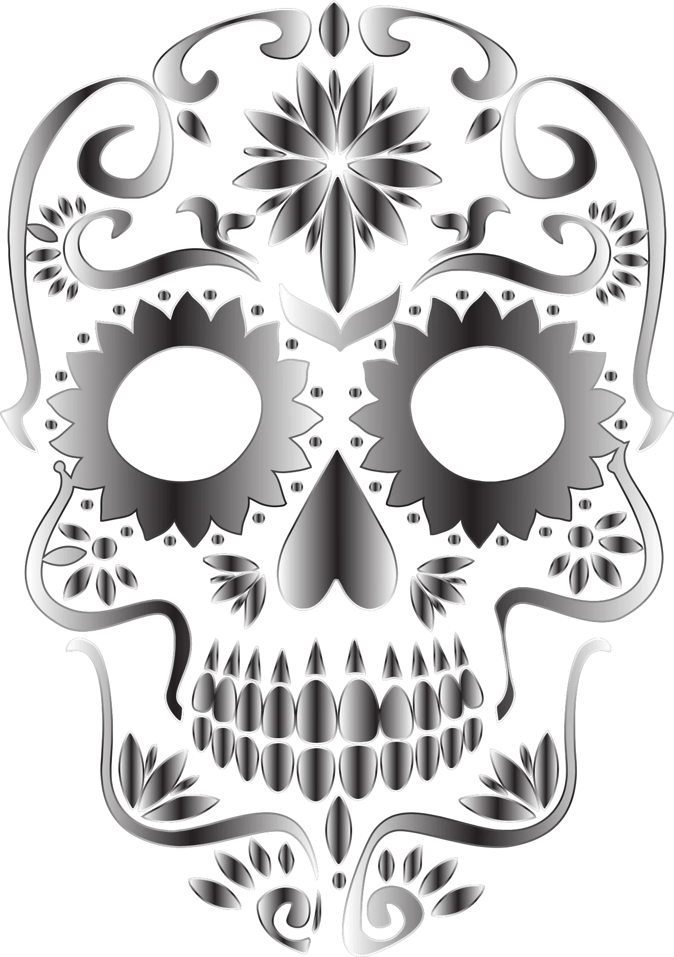 Intricate Black and White Sugar Skull Clipart with Delicate Ornamental Design