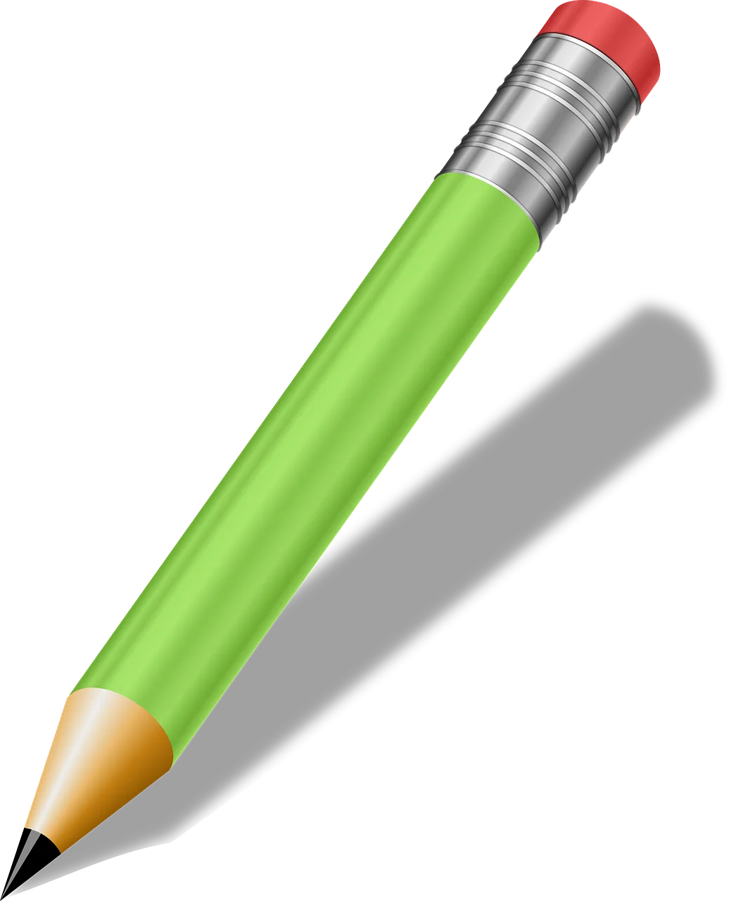 Lime Green Wooden Pencil Clipart with Metallic Eraser Tip and Sharp Point