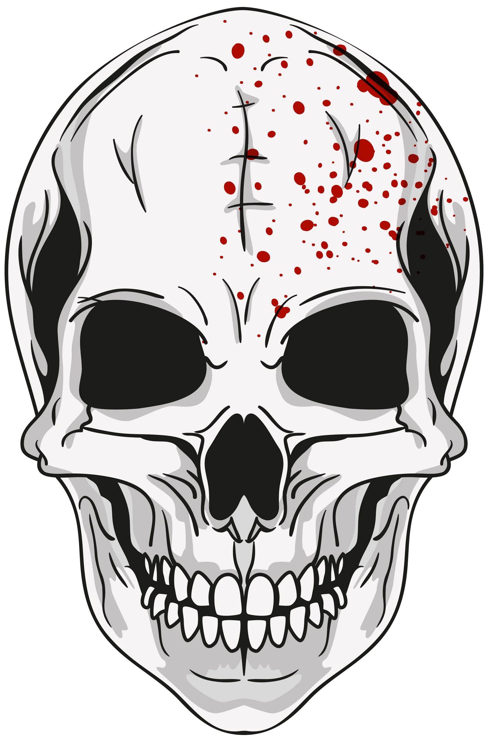 Monochrome Wounded Skull Clipart with Dramatic Blood Spatter Impact
