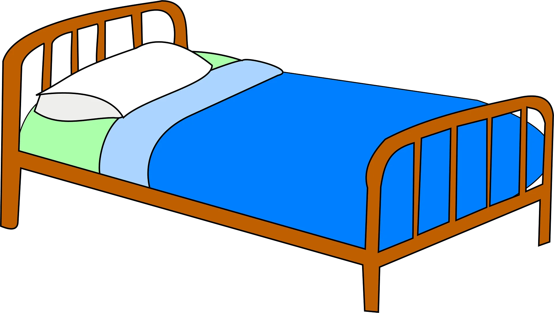 Simple Hospital-Style Metal Bed Clipart with Colorful Blue and Green Bedding