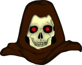 Sinister Hooded Skull Clipart: A Menacing Grim Reaper Illustration with Glowing Red Eyes