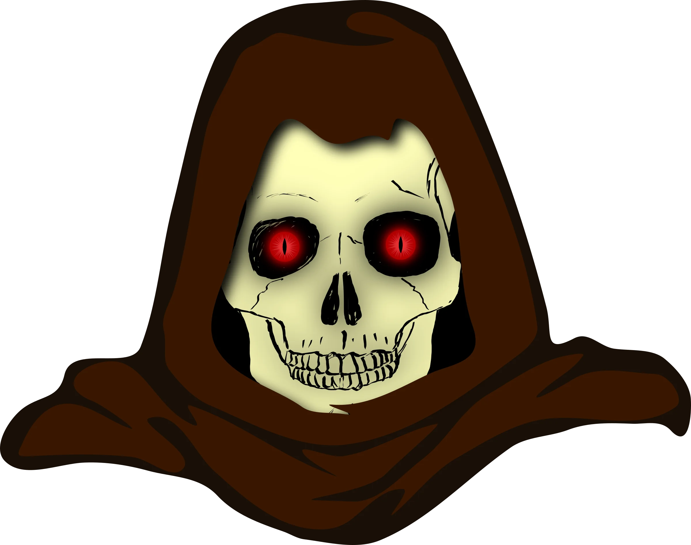 Sinister Hooded Skull Clipart: A Menacing Grim Reaper Illustration with Glowing Red Eyes