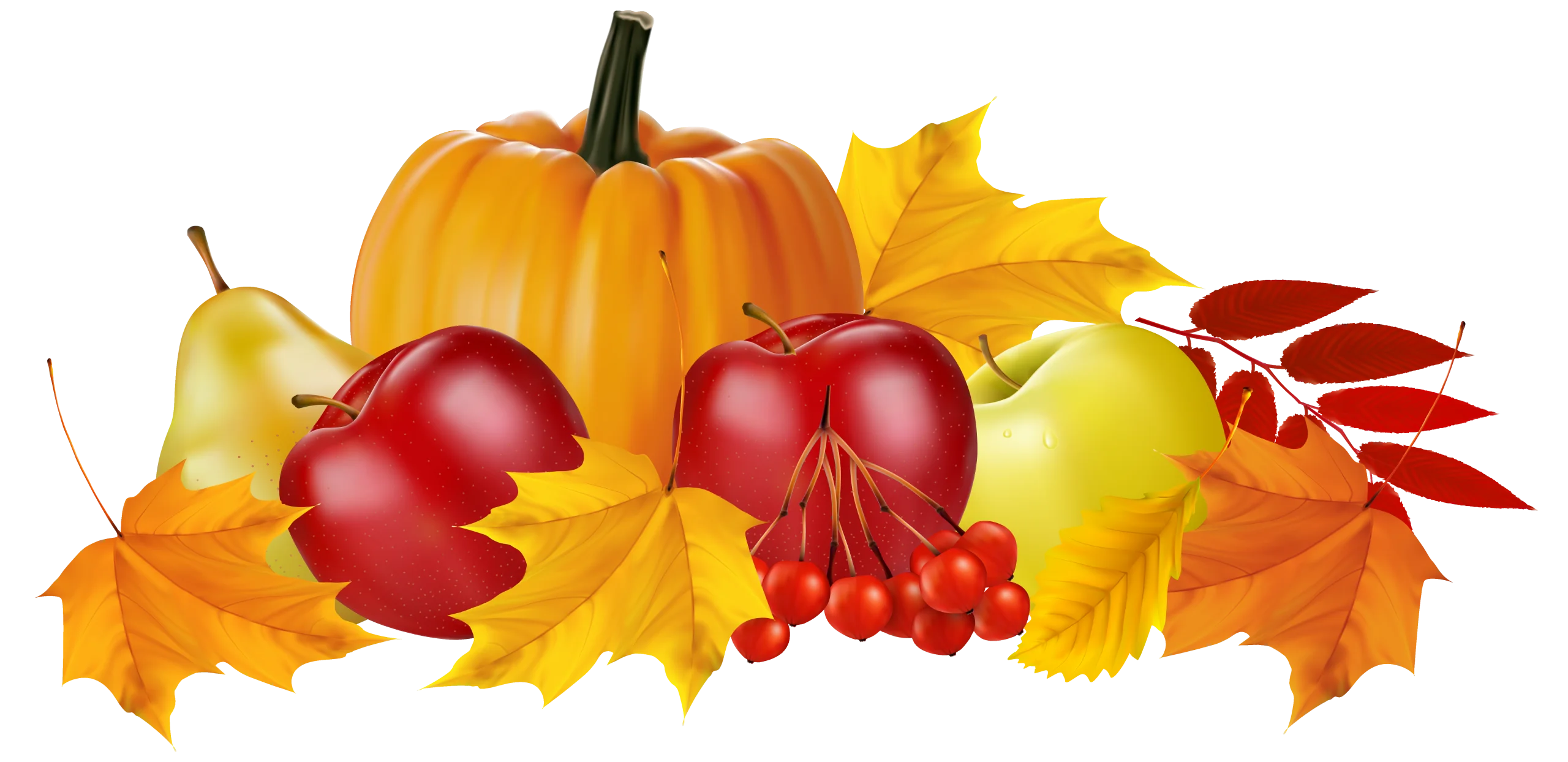 Bountiful Autumn Harvest Clipart: Pumpkins, Fruits, and Golden Leaves