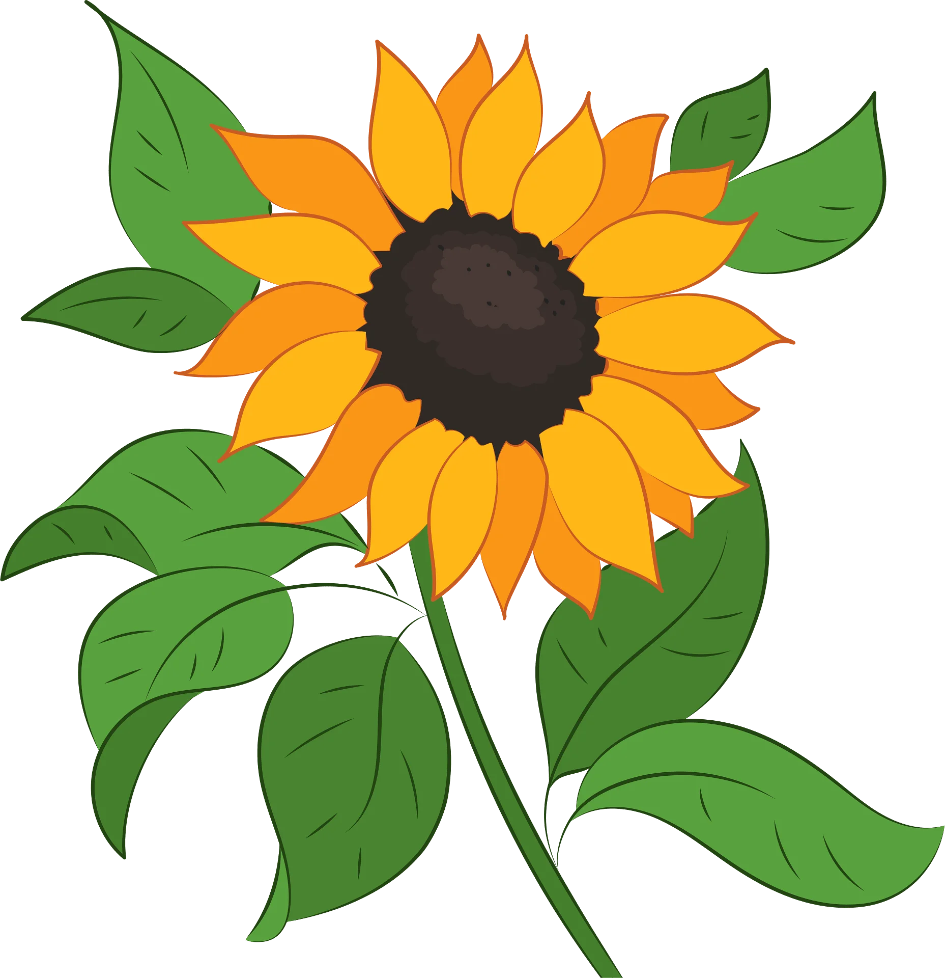 Cheerful Sunflower Clipart Illustration with Radiant Petals and Lush Green Leaves