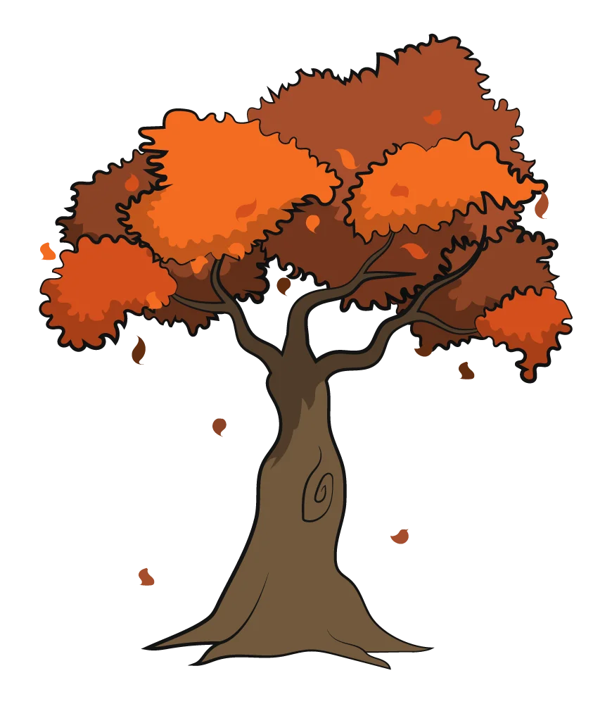 Enchanting Autumn Tree Clipart with Falling Leaves and Warm Earthy Tones