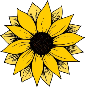Radiant Yellow Sunflower Clipart with Bold Black Center and Detailed Petals