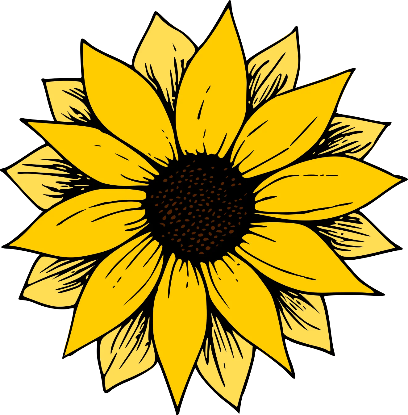 Radiant Yellow Sunflower Clipart with Bold Black Center and Detailed Petals
