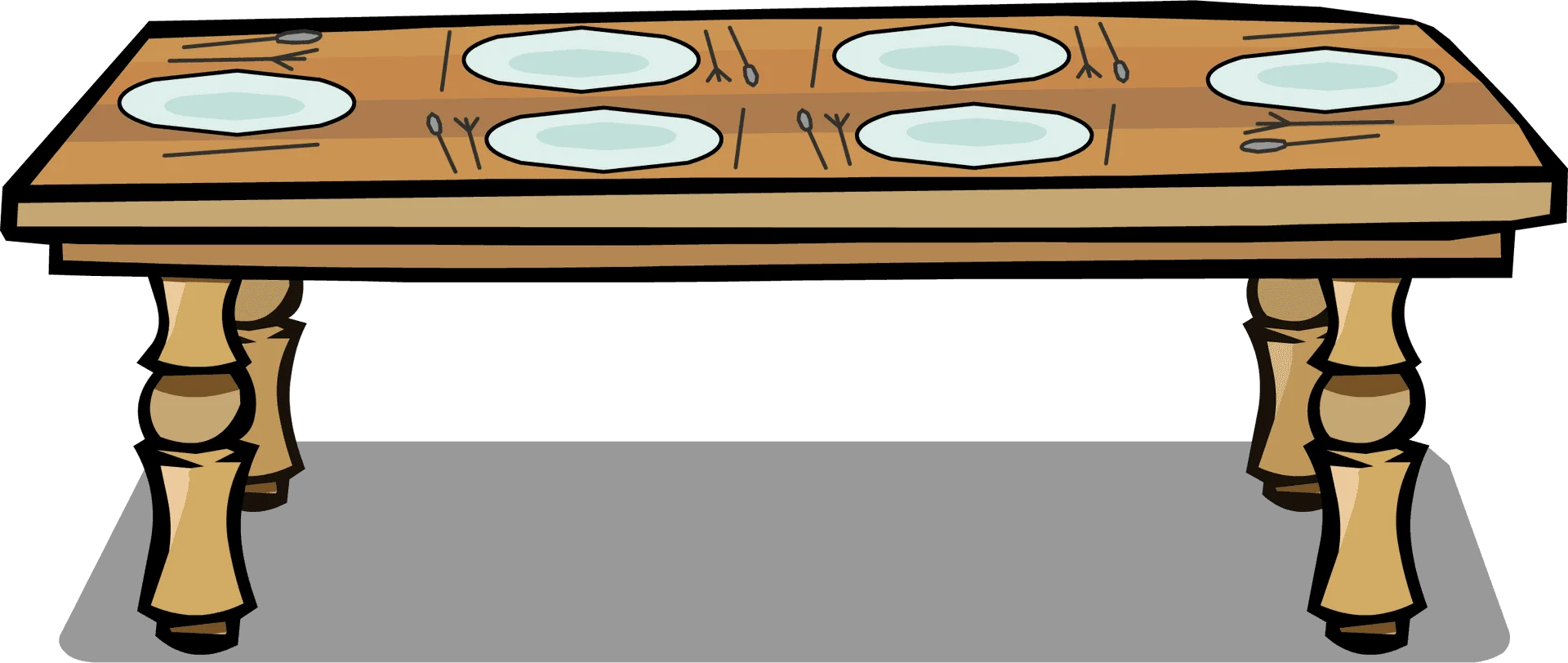Rustic Wooden Dining Table Clipart with Elegant Turned Legs and Plate Settings