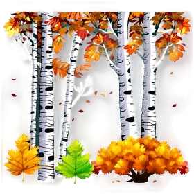Serene Autumn Birch Forest Clipart: A Whimsical Landscape of Falling Leaves