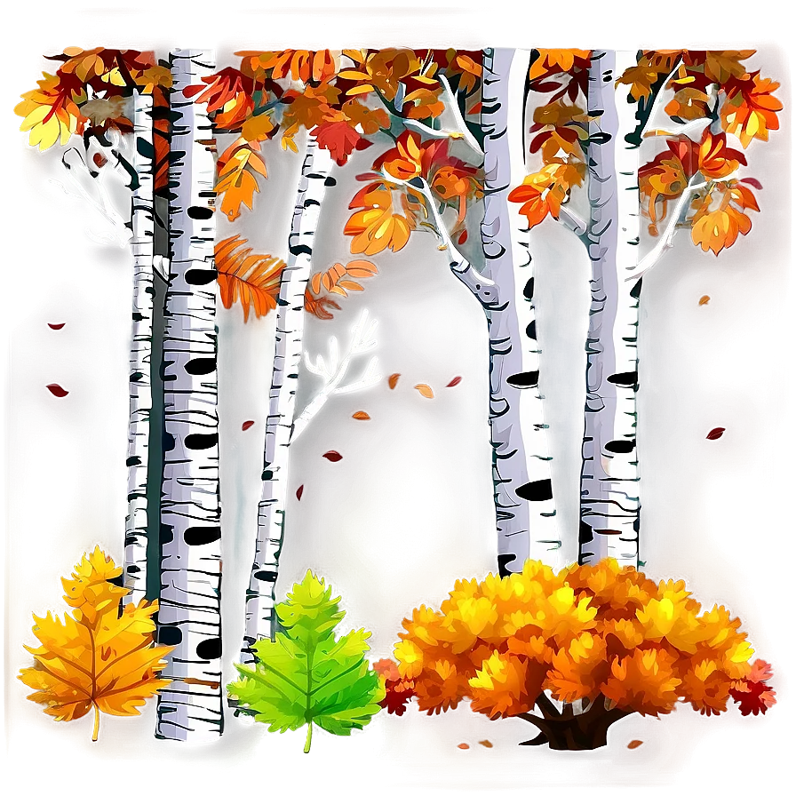 Serene Autumn Birch Forest Clipart: A Whimsical Landscape of Falling Leaves
