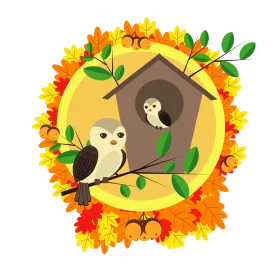 Whimsical Autumn Birdhouse Clipart with Charming Woodland Owls and Falling Leaves