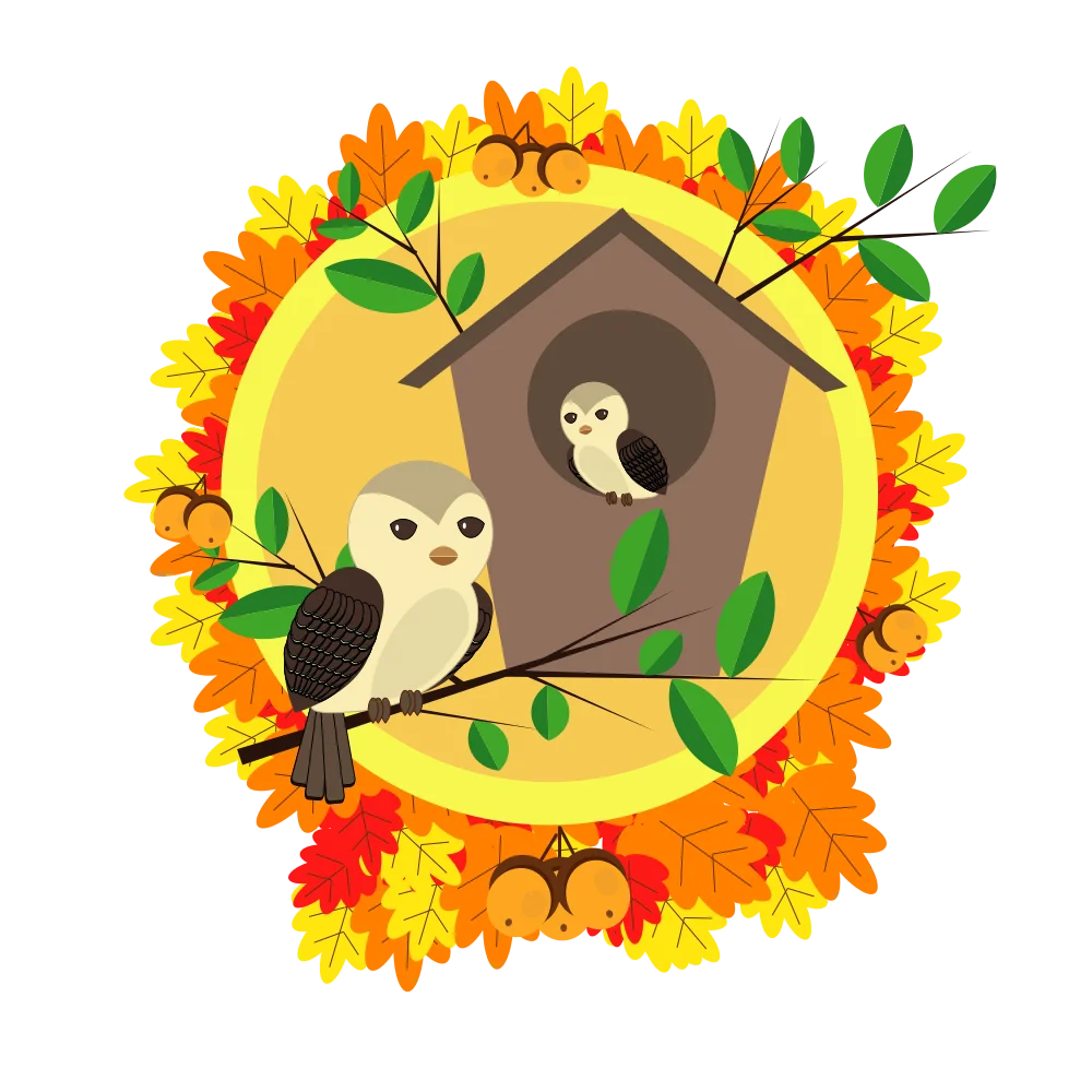 Whimsical Autumn Birdhouse Clipart with Charming Woodland Owls and Falling Leaves