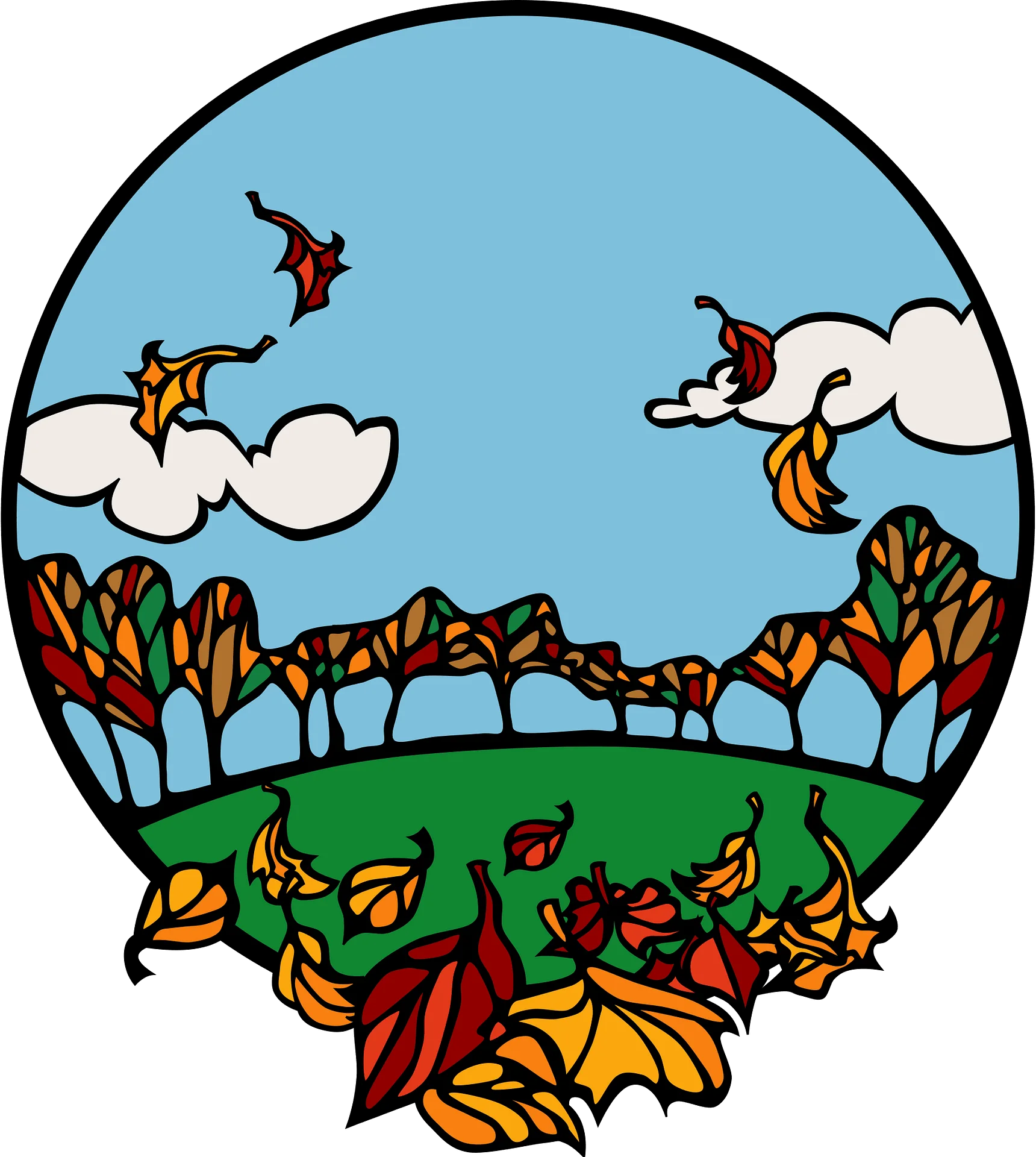 Whimsical Autumn Landscape Clipart: Dancing Leaves and Serene Skies