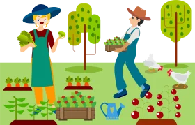 Cheerful Agricultural Scene Depicting Farmers Tending Colorful Vegetable Garden Clipart
