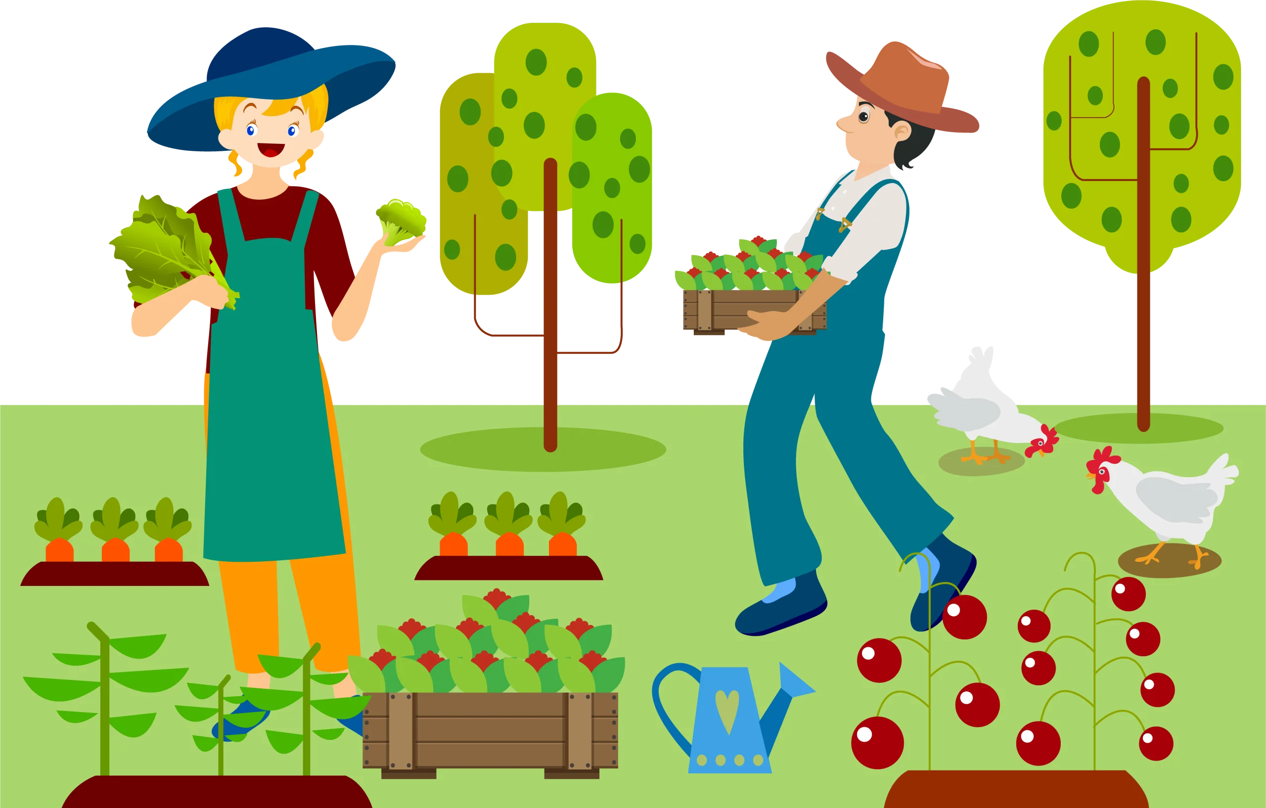 Cheerful Agricultural Scene Depicting Farmers Tending Colorful Vegetable Garden Clipart