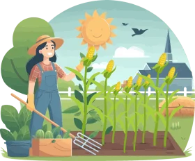Cheerful Agricultural Scene Depicting Female Farmer Tending Sunflower Garden Clipart Illustration