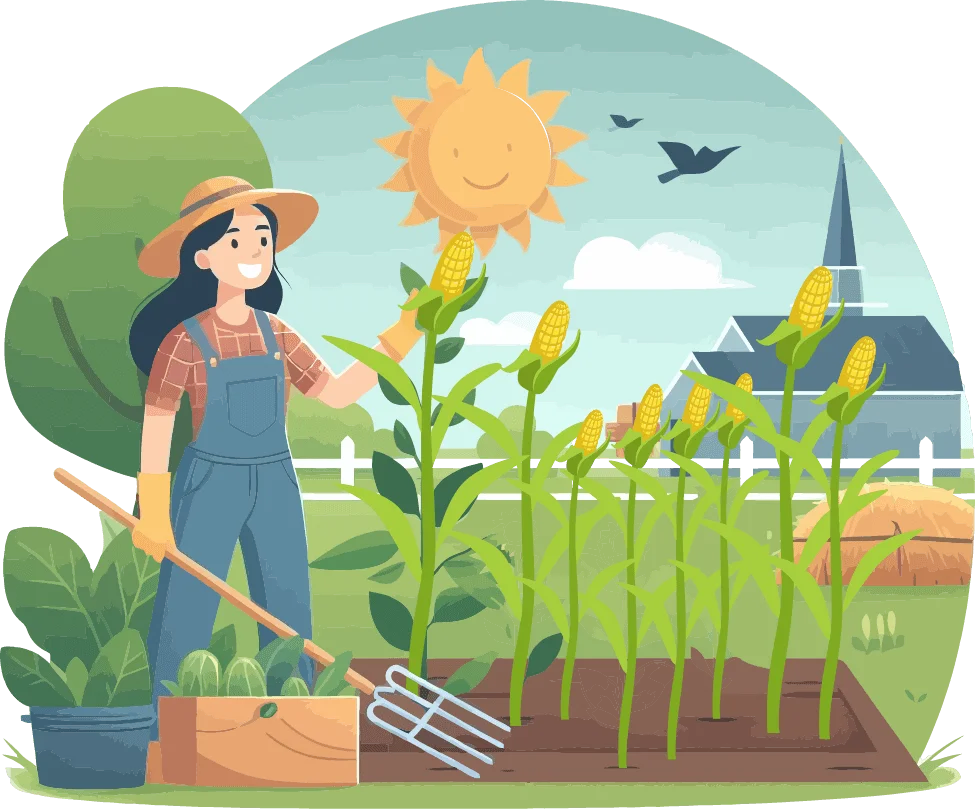 Cheerful Agricultural Scene Depicting Female Farmer Tending Sunflower Garden Clipart Illustration