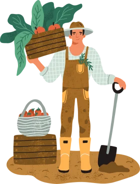 Cheerful Farmer Harvesting Fresh Produce in Rustic Farm Clipart Illustration