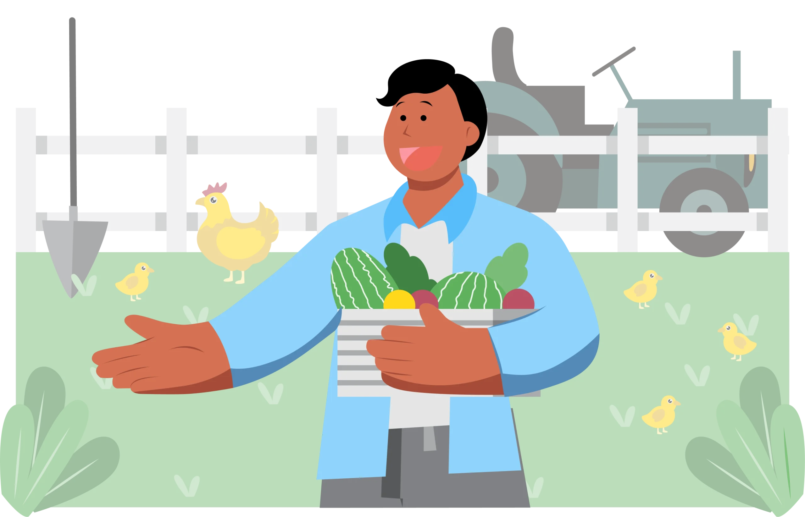 Cheerful Farmer Holding Fresh Produce in a Sustainable Agricultural Landscape Clipart