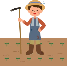 Cheerful Farmer in Denim Overalls Tending to Seedlings Clipart Illustration