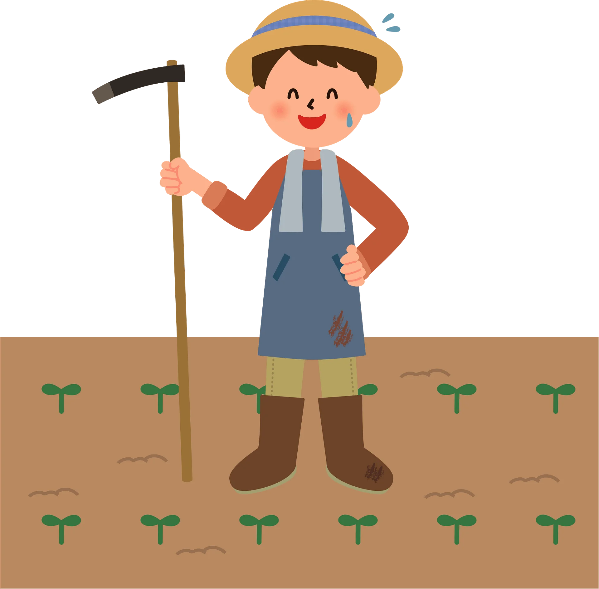 Cheerful Farmer in Denim Overalls Tending to Seedlings Clipart Illustration