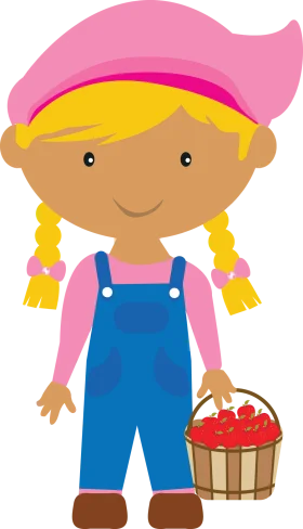 Cheerful Young Farmer Girl Clipart with Strawberry Harvest Basket
