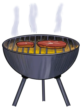 Classic Charcoal Grill Clipart: Sizzling Barbecue Scene with Steaming Hot Burgers