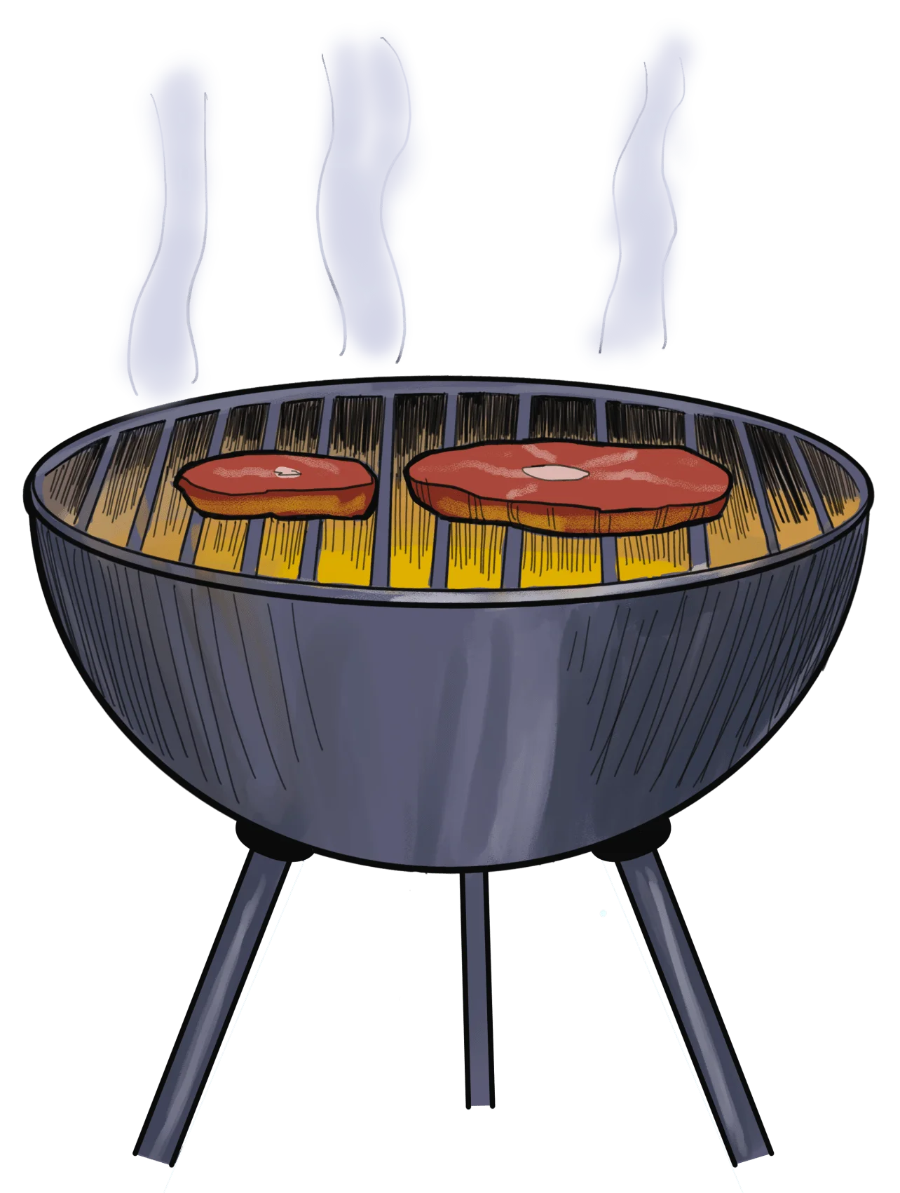 Classic Charcoal Grill Clipart: Sizzling Barbecue Scene with Steaming Hot Burgers