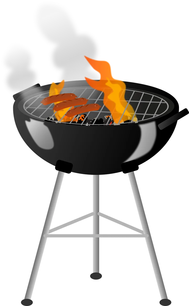 Classic Round Charcoal Grill Clipart with Burning Flames on Outdoor Cooking Stand