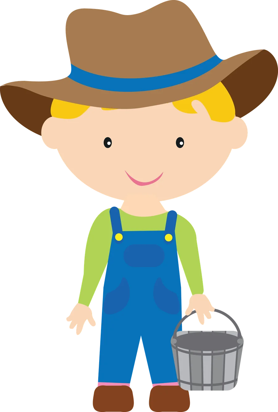 Cute Little Farmer Boy in Overalls and Wide-Brimmed Hat Clipart Illustration