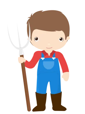 Cute Young Farmer Character Clipart with Pitchfork and Blue Overalls