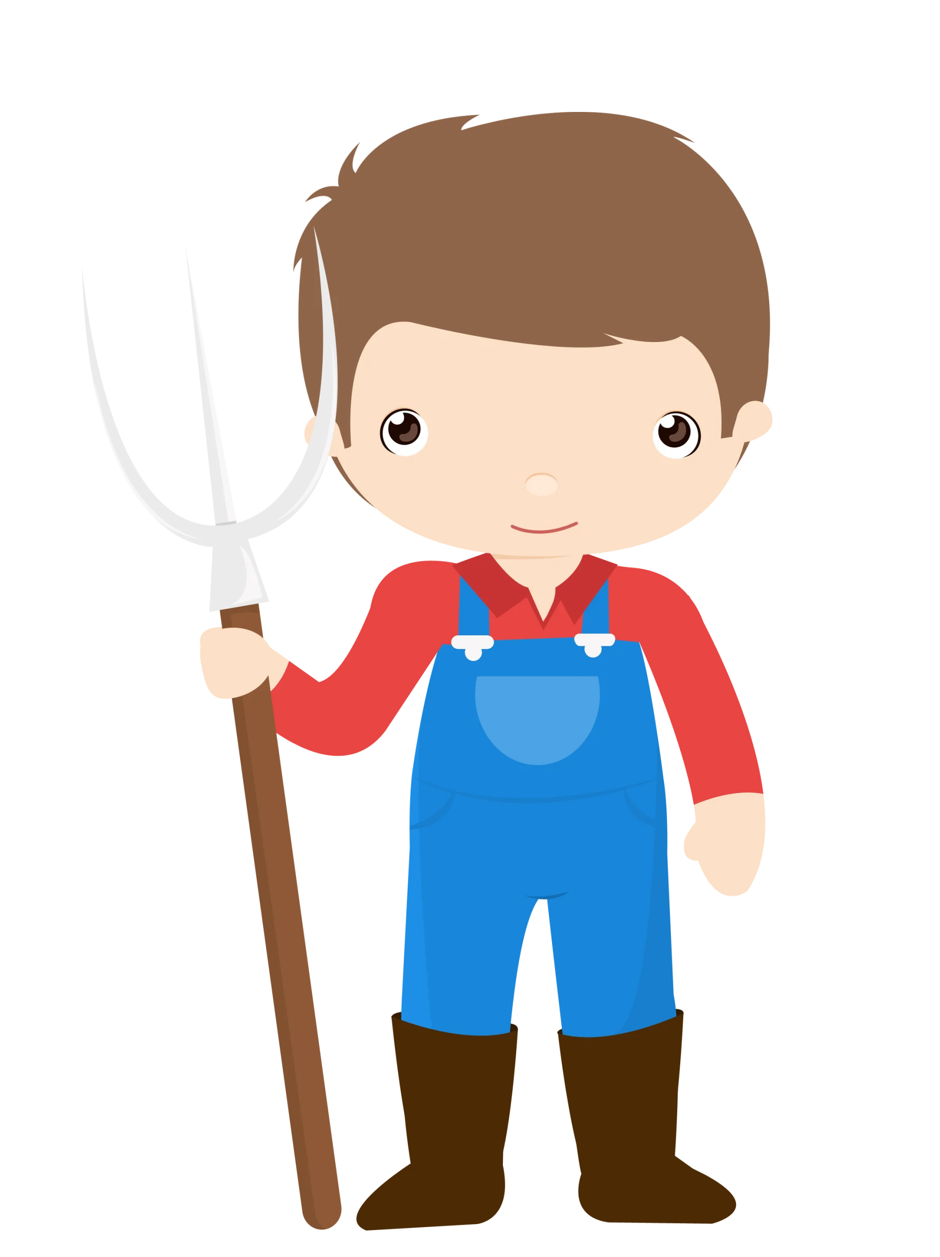 Cute Young Farmer Character Clipart with Pitchfork and Blue Overalls