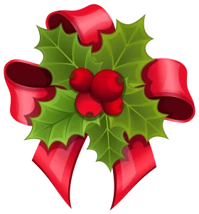 Festive Christmas Holly and Ribbon Clipart with Berries and Green Leaves