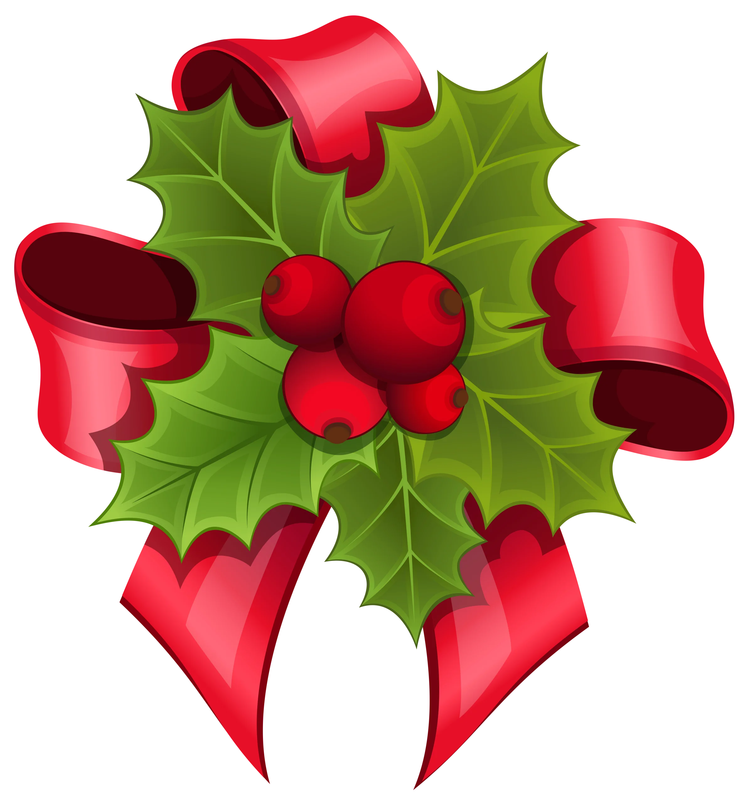 Festive Christmas Holly and Ribbon Clipart with Berries and Green Leaves