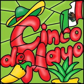 Festive Cinco de Mayo Celebration Clipart with Bold Typography and Symbols