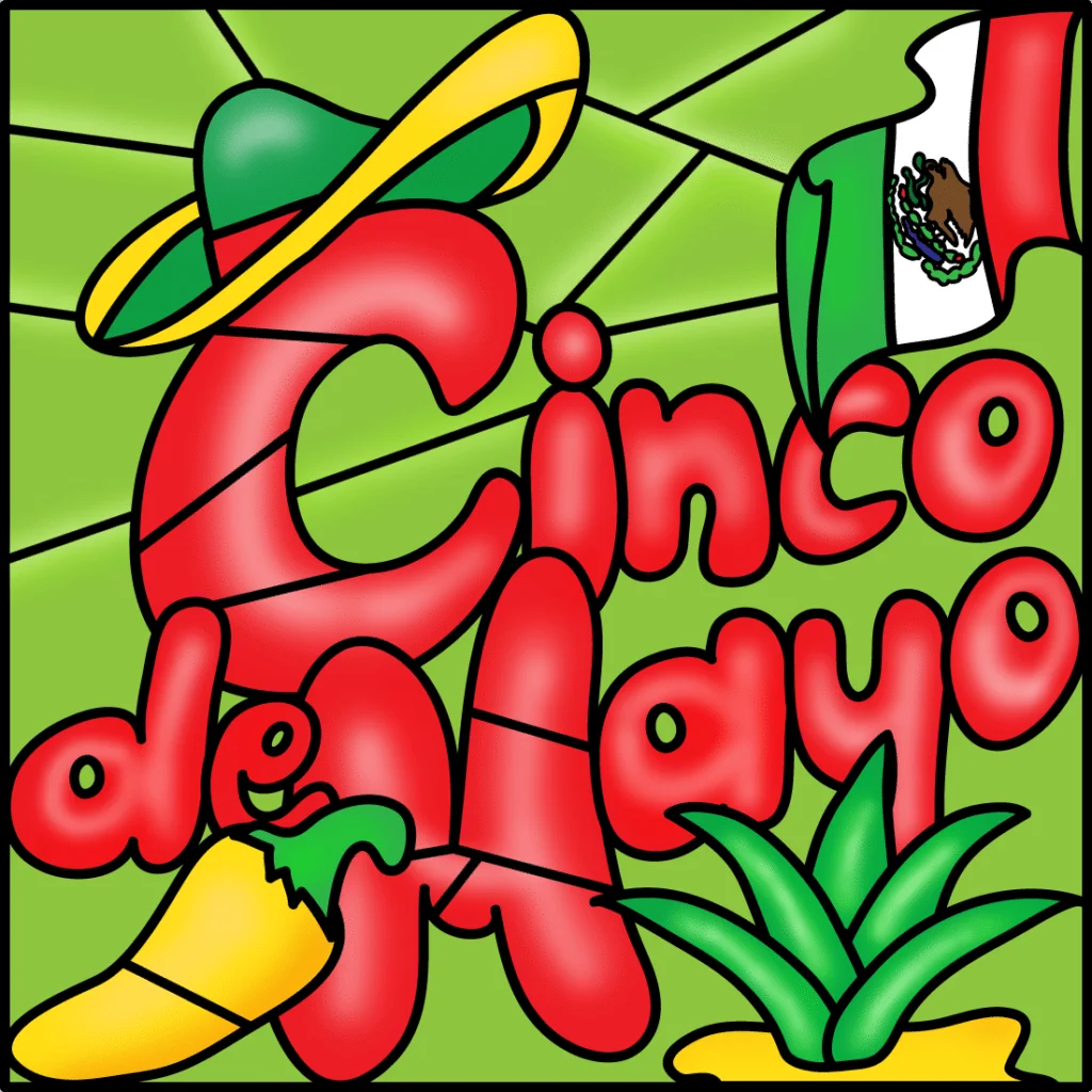 Festive Cinco de Mayo Celebration Clipart with Bold Typography and Symbols