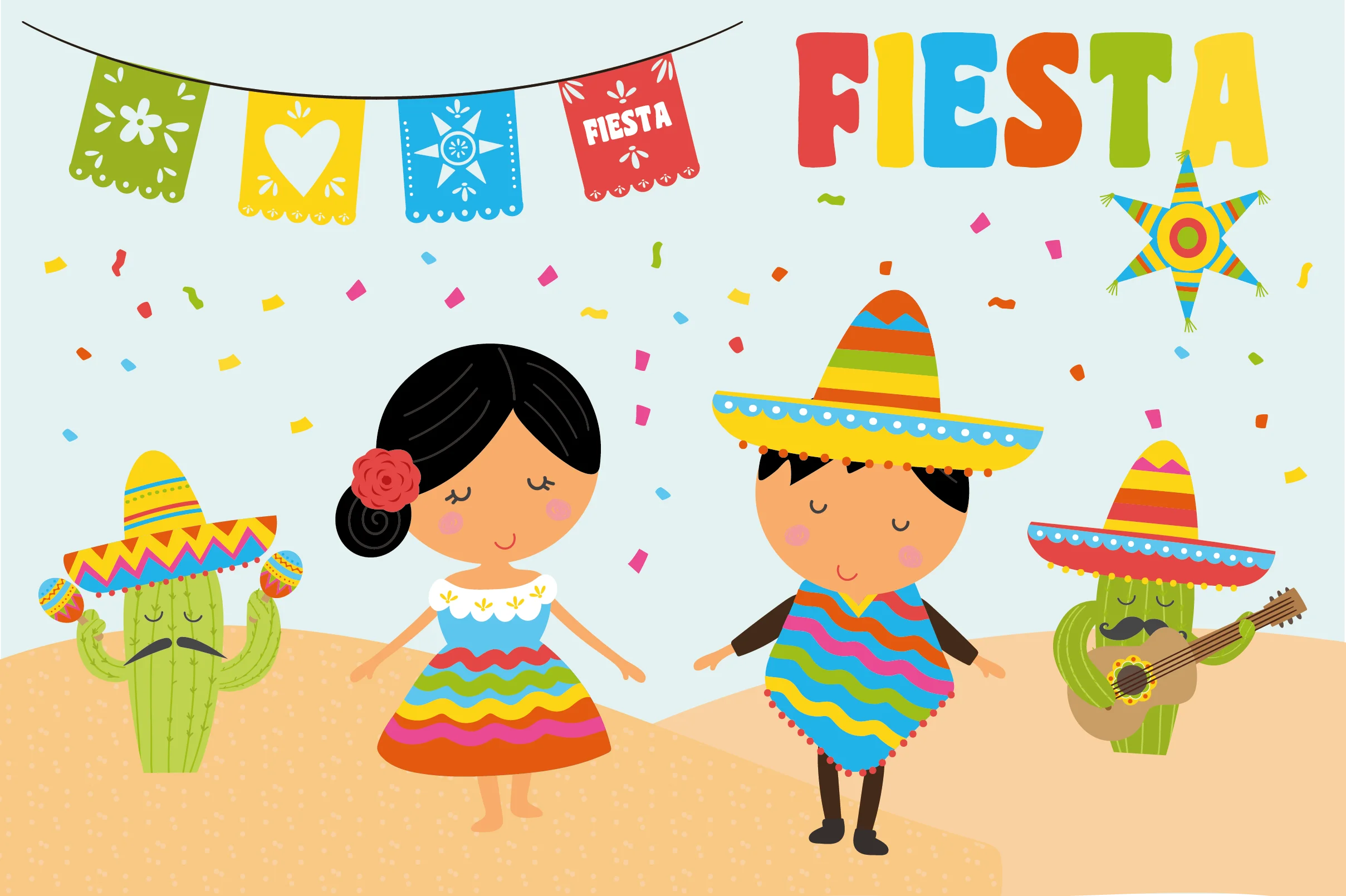 Festive Cinco de Mayo Celebration Clipart with Cheerful Characters and Decorations