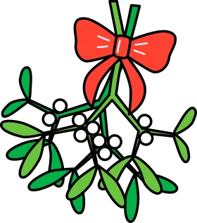 Festive Mistletoe Clipart with Crimson Bow and Green Leafy Sprigs