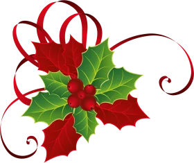 Festive Red and Green Holly Leaves Clipart with Curling Ribbons