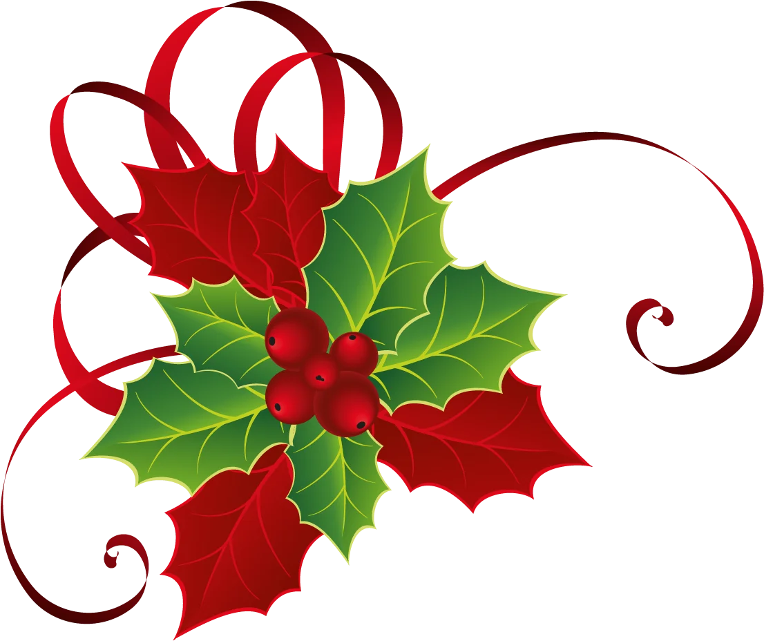 Festive Red and Green Holly Leaves Clipart with Curling Ribbons