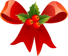 Festive Red Christmas Ribbon with Holly Leaves and Berries Clipart Design