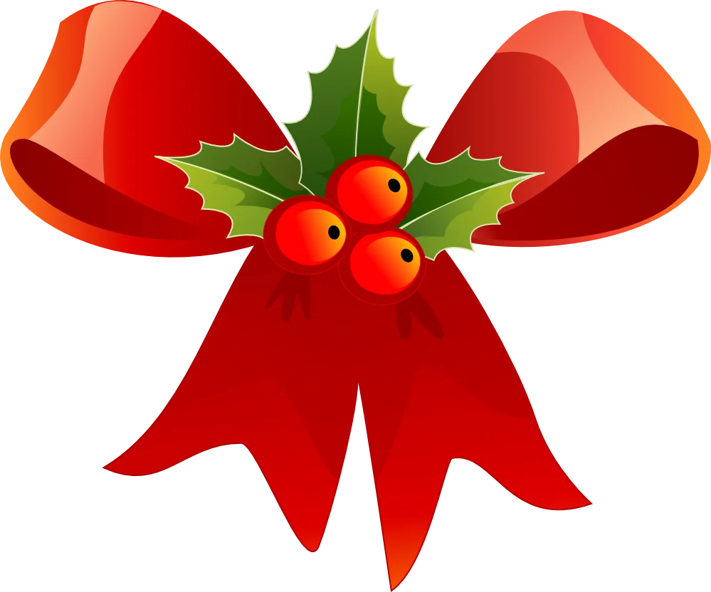 Festive Red Christmas Ribbon with Holly Leaves and Berries Clipart Design
