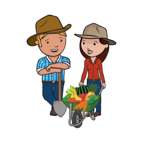 Friendly Farm Helpers Clipart: Cheerful Farmers with Harvest Wheelbarrow