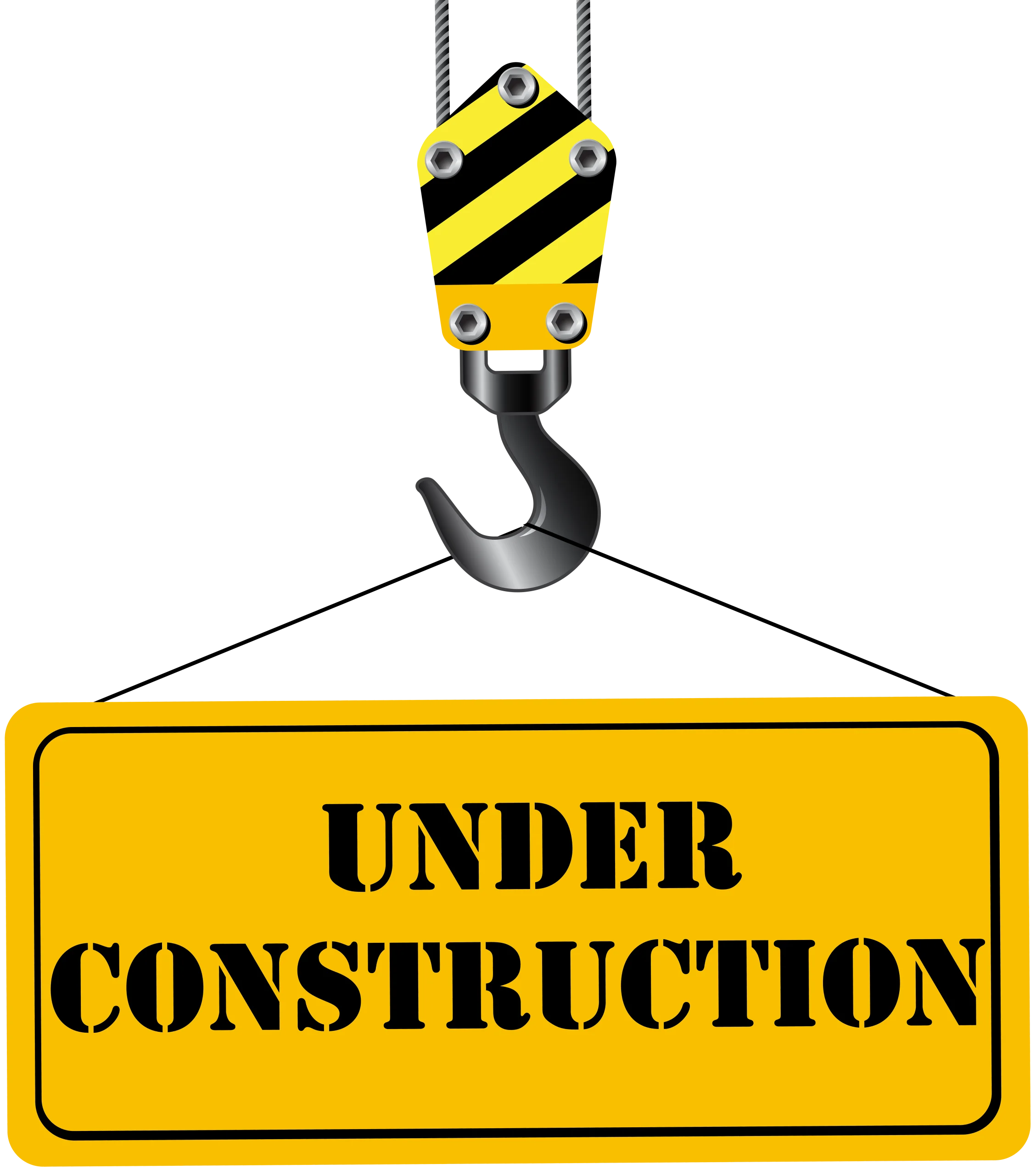 Heavy-Duty Construction Crane Hook with Yellow 'Under Construction' Clipart Sign
