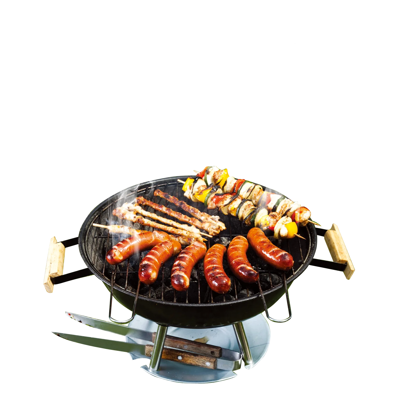 Sizzling BBQ Grill Clipart: Delectable Sausages and Skewers on Charcoal Grate