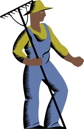 Stylized Agricultural Worker Clipart: Farmer with Rake in Woodcut-Inspired Design